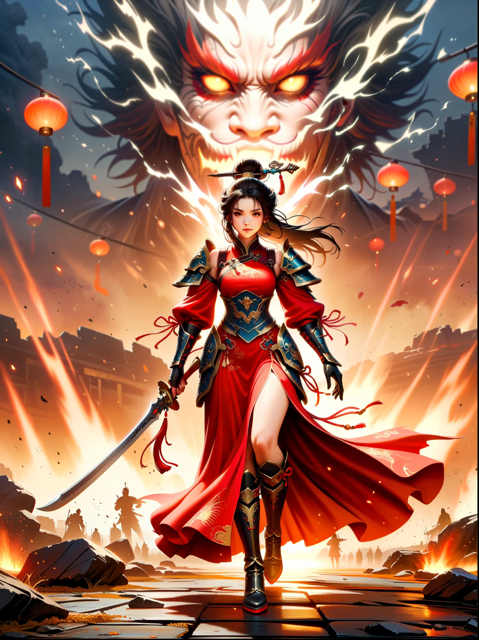 Chinese style, ancient battlefield, an ancient Chinese female general, holding a sword in her hand, grim expression, full body, amazing facial features, red robe, armor, boots, yellow sand in the sky, firelight, game model, stunning lighting, OC rendering, cinematic edge light, delicate light, super detailed, epic composition, super HD, highest quality, masterpiece, high quality, 4k