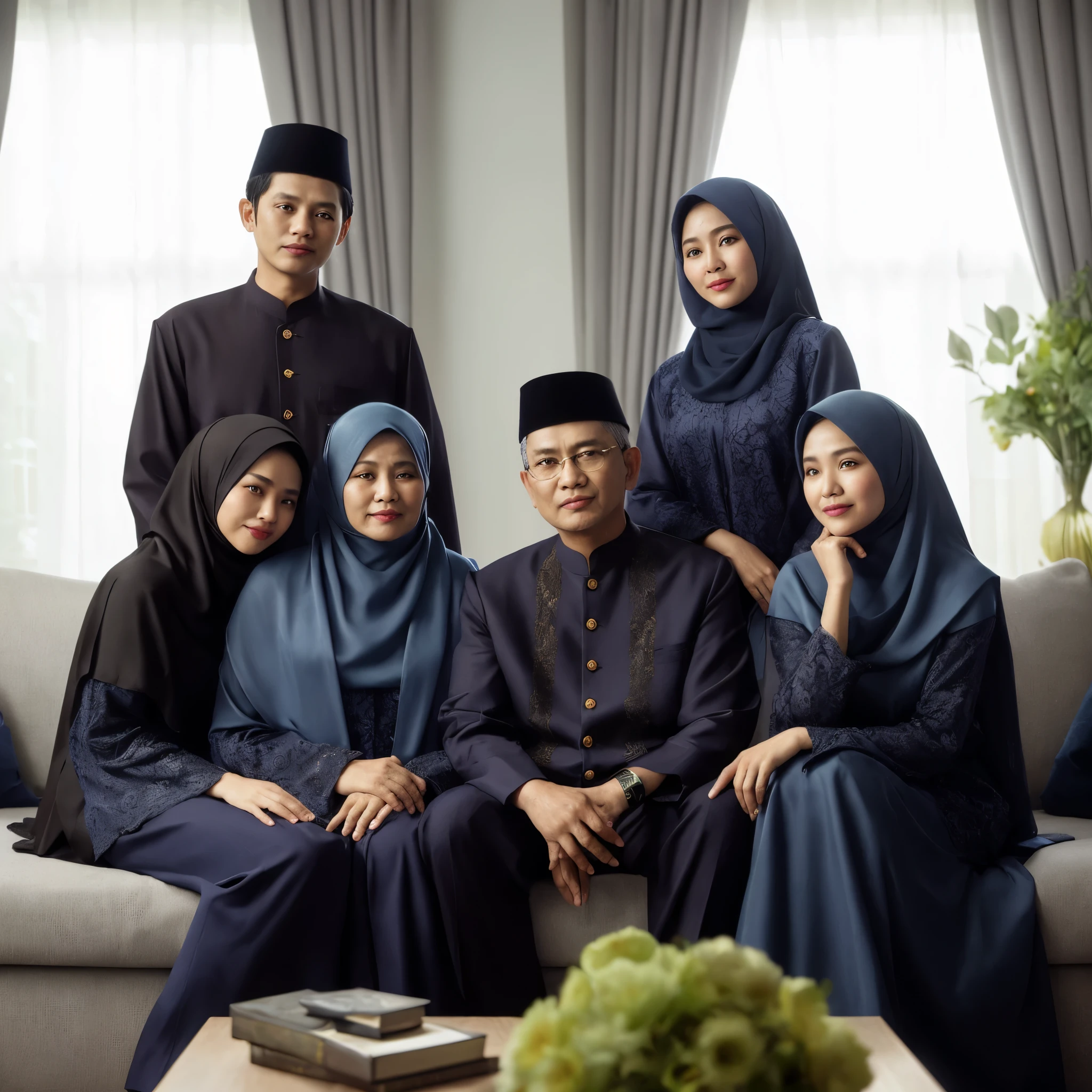 Family photo from Indonesia, five members, one 60-year-old father, one 58-year-old mother, sitting on the sofa, three women aged 35 and one 30-year-old man, they are all wearing matching luxurious navy Malay traditional Muslim clothes and Sharia-compliant robes in the same color, taken in a studio, bright living room, daylight illumination, green flower vase, realistic, ultra HD, 16k