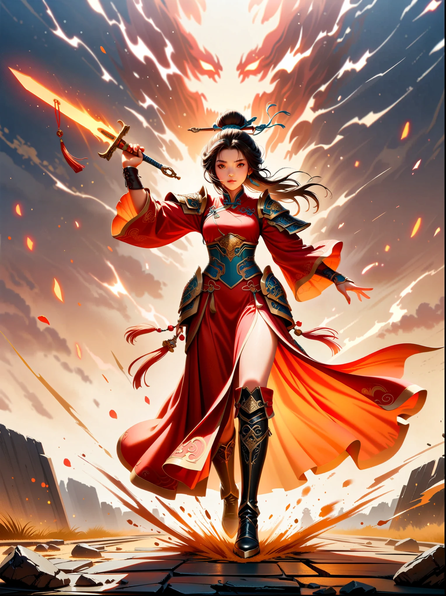 Chinese style, ancient battlefield, an ancient Chinese female general, holding a sword in her hand, grim expression, full body, amazing facial features, red robe, armor, boots, yellow sand in the sky, firelight, game model, stunning lighting, OC rendering, cinematic edge light, delicate light, super detailed, epic composition, super HD, highest quality, masterpiece, high quality, 4k