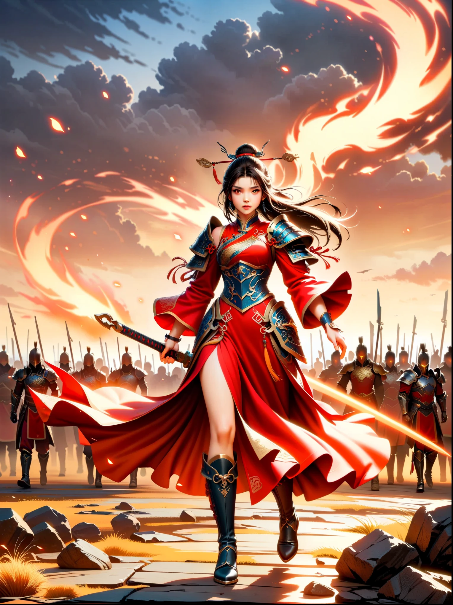 Chinese style, ancient battlefield, an ancient Chinese female general, holding a sword in her hand, grim expression, full body, amazing facial features, red robe, armor, boots, yellow sand in the sky, firelight, game model, stunning lighting, OC rendering, cinematic edge light, delicate light, super detailed, epic composition, super HD, highest quality, masterpiece, high quality, 4k