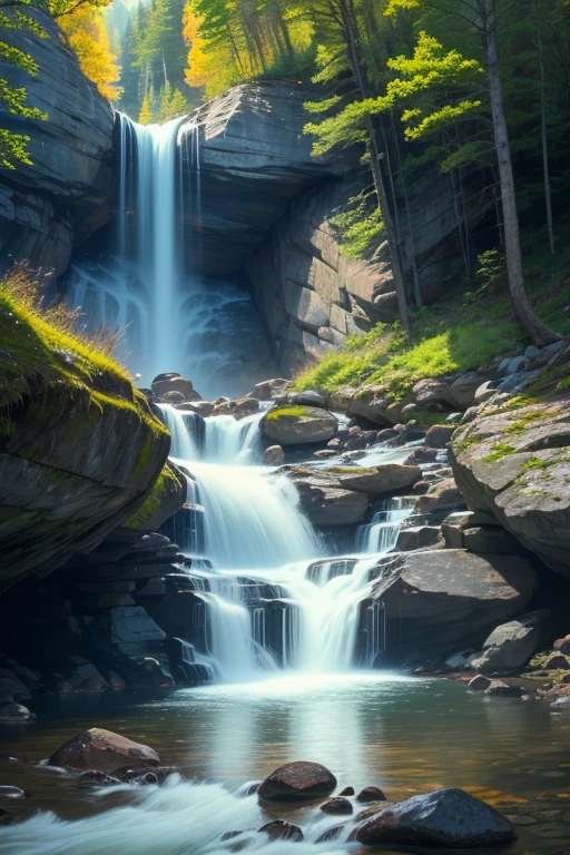 Liminal Space, Anemoia, Kenopsia, Dreamcore, Nostalgiacore, Waterfall scene, location based on Moxie Falls, West Forks, Maine, location based on Screw Auger falls, Newry, Maine, Location based on Step Falls, Newry, Maine, soft shading, soft colors, vivid colors, pastel colors