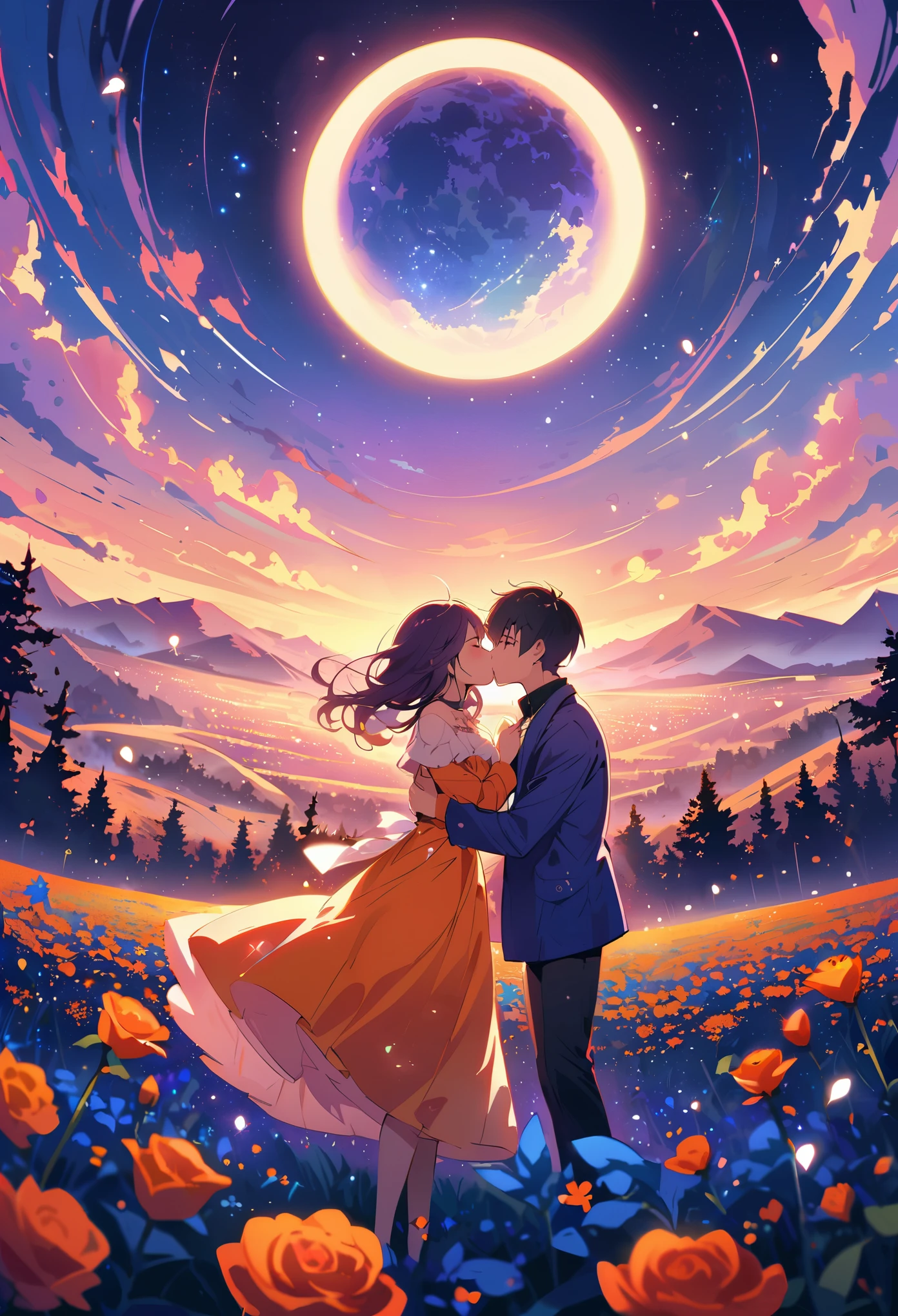 super wide angle,Sky,Open rose fields,(Man and woman,love in the air,sweet embrace,blowing kisses),(full moon:0.6),(nebula:1.1),distant mountains,Tree,(Cold light:1.2),Lots of purple and orange,Rich in details,dream,magic