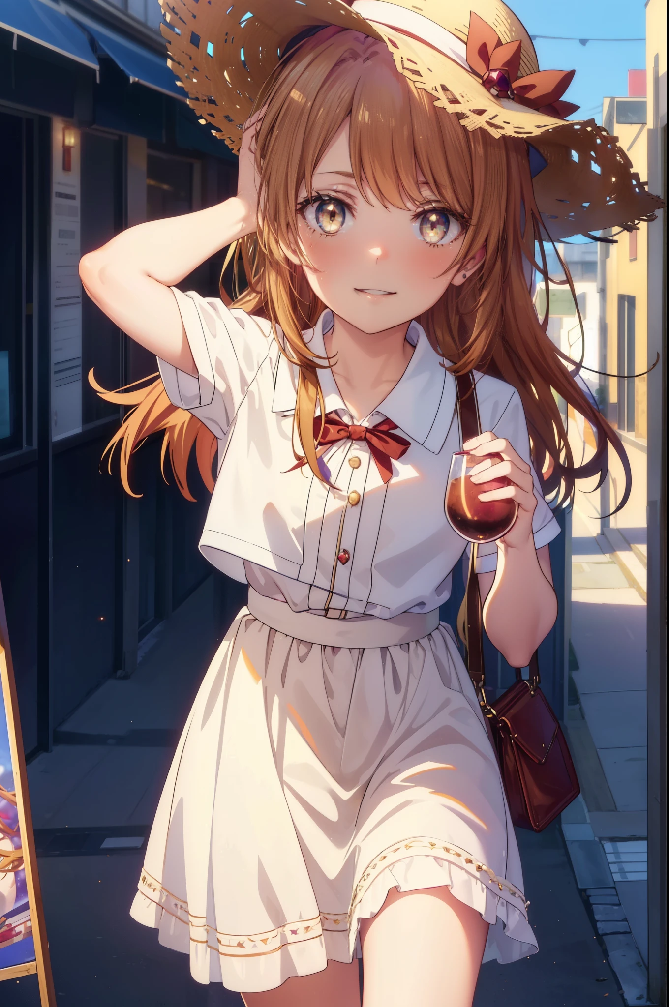 irohaisshiki, Isshiki Iroha, long hair, light brown hair, (Brown ruby eyes:1.5), White long skirt integrated dress,Cute Sandals,straw hat,happy smile, smile, open your mouth,daytime,Clear skies,
break outdoors ,building street,In town,
break looking at viewer,(cowboy shot:1. 1)
break (masterpiece:1.2), highest quality, High resolution, unity 8k wallpaper, (shape:0.8), (beautiful and detailed eyes:1.6), highly detailed face, perfect lighting, Very detailed CG, (perfect hands, perfect anatomy),
