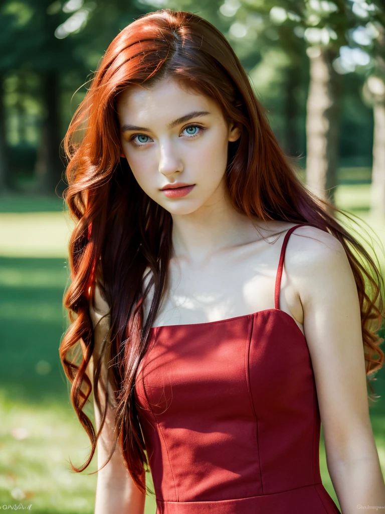 ( masterpiece, top quality, best quality,8k,17 years old girl,ultra detailed,raw photo:1.5),(photorealistic:1.4), (long red hair:1.5), (cinematic lighting), PerfectNwsjMajic, , Surrealism, uhd, ccurate, Super detail, textured skin, High detail, Best quality, dynamic angle, (high nose,White skin),[Beautiful blue eyes],[flat chest:large breasts:0.5],(1girl),(good anatomy:0.5)),(outside:1.5),dress，Smooth thighs