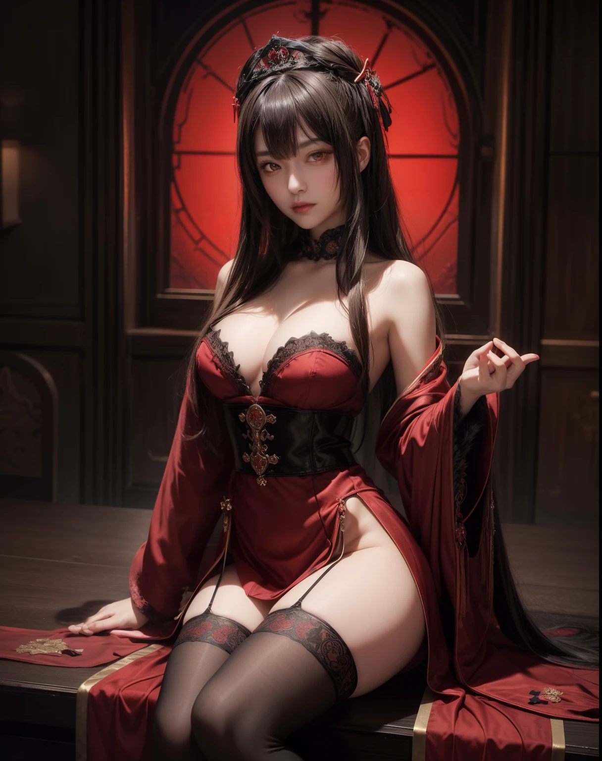 Gothic warrior queen wearing dark red kimono robe and midi skirt, satin, fur, (stockings), Decolletage, natural breasts, because I'thin, zettai ryouiki, medium length hair, Beautiful detailed golden eyes, portrait, most realistic, highest quality, best pixel, 8k ultra