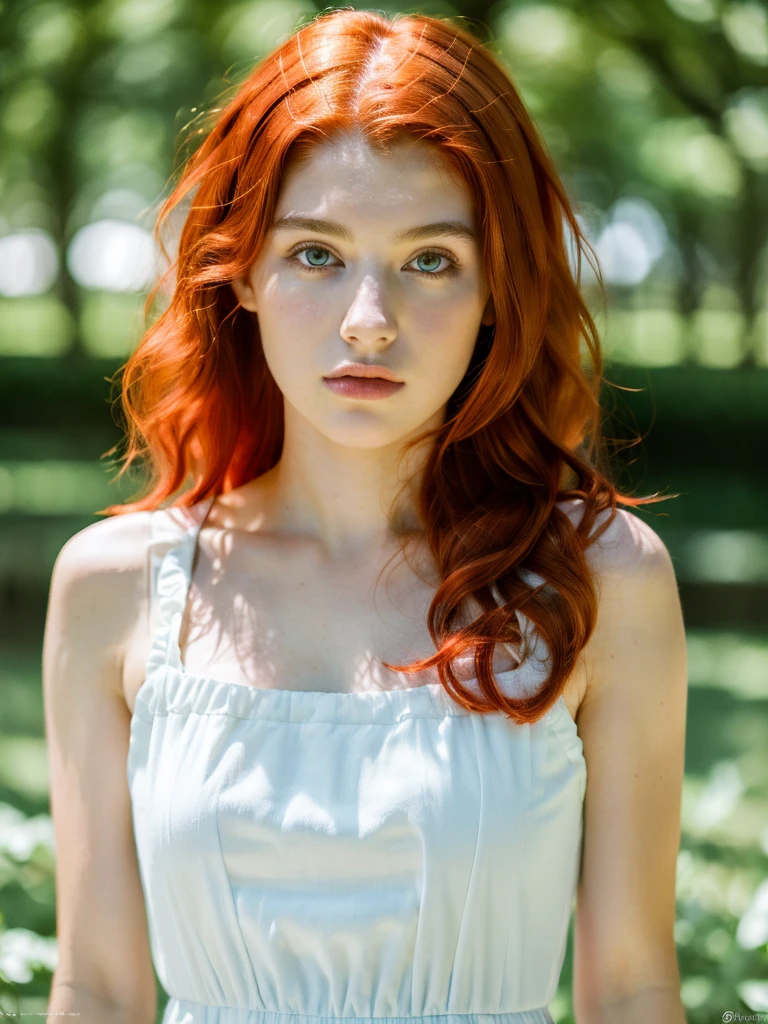 ( masterpiece, top quality, best quality,8k,17 years old girl,ultra detailed,raw photo:1.5),(photorealistic:1.4), (red hair:1.5), (cinematic lighting), PerfectNwsjMajic, , Surrealism, UHD, ccurate, Super detail, textured skin, High detail, Best quality, dynamic angle, (high nose,White skin),[Beautiful blue eyes],[flat chest:large breasts:0.5],(1girl),(good anatomy:0.5)),(outside:1.5),dress