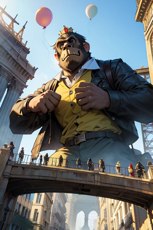 King Kong suspendu à la tour Eiffel et des gilets jaunes tenant des ballons de plusieurs couleurs 