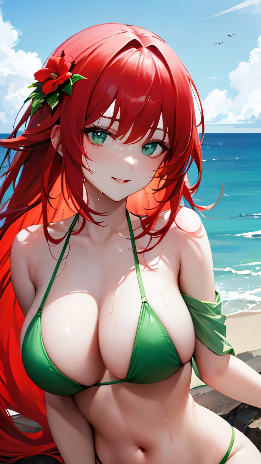 ((best quality)), ((masterpiece)), (detailed), perfect face, Highly detailed face, detailed eyes, Sharp focus A beautiful woman with perfect body, Girl in a swimsuit, (green bikini), posing against the background of the sea, (red hair), ((long hair)), wet skin, sea, sea breeze, clear weather, hair flower, longeyelashes, seductive smile, devil pupils
