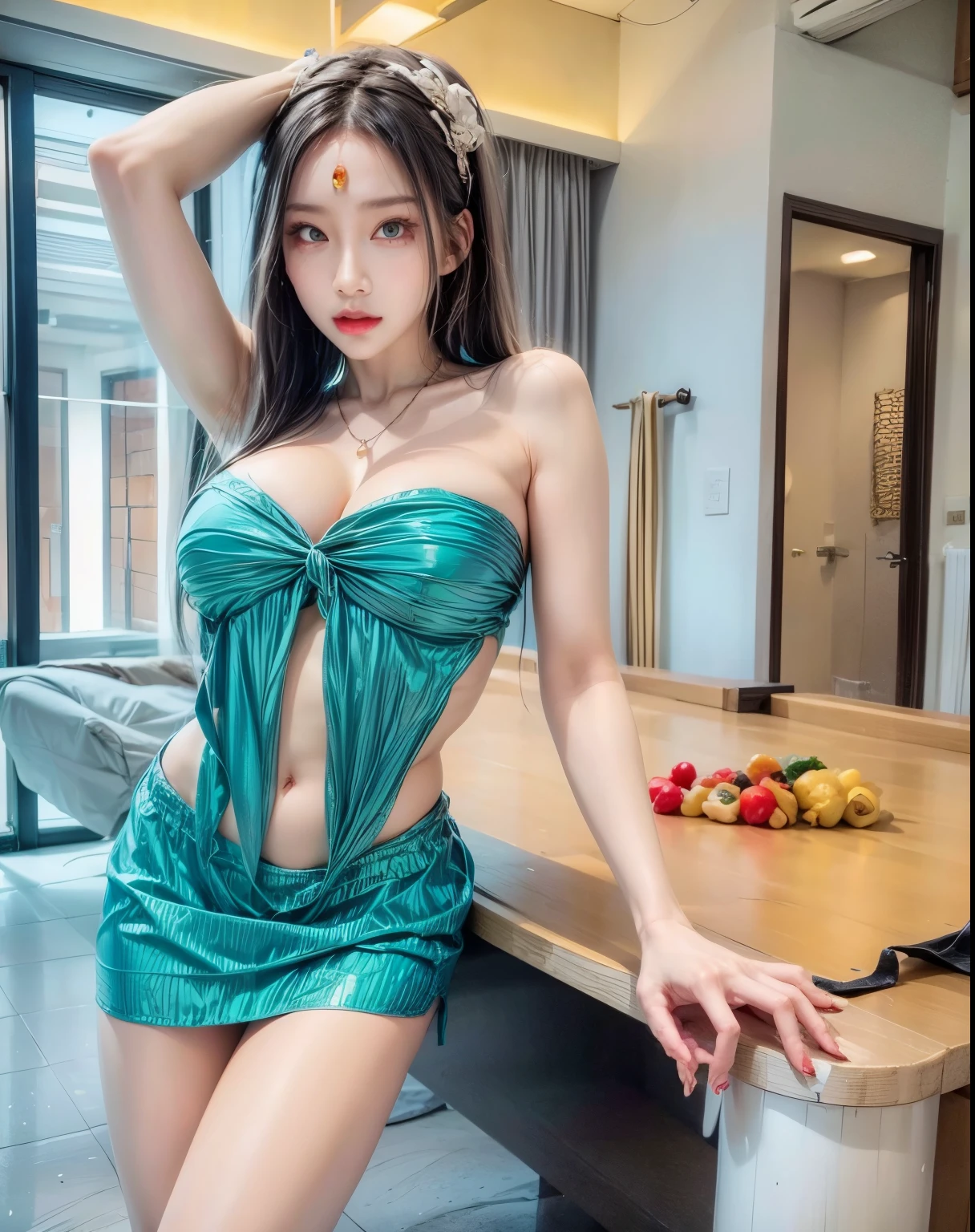 realistic, 1 women, best quality, 12k, HD, long hair, big round breasts, cleavage, ponytail, necklace, jewelry, shorts, short jacket, slim hips, hair tie, yellow eyes, black hair, super detailed, Eye details, hair details, person details, mouth details, face details, breast details, clothes details, hair details, pants details, hand details, whole body