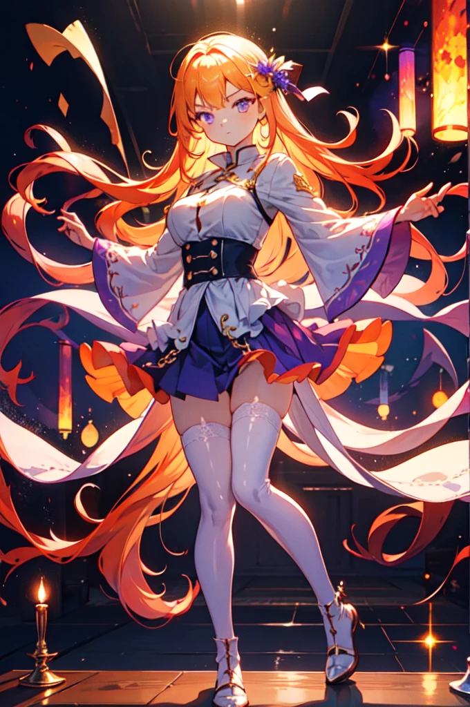 highest quality,((highest quality)),((table top)),((perfect face)),detailed5two-fingered hand,1 girl,(background blur), ((holographic)),1 girl,milky way, (stripes of light), impressive visuals, (dynamic streak, path of light:1.2), bright colors,full body,dynamic pose,golden hair,purple eyes
