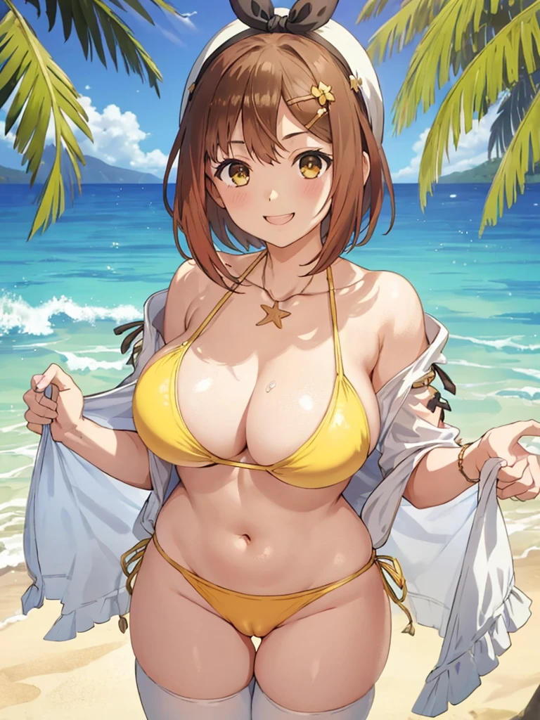 NSFW,1GIRL, (((Ryza:1.2))),((She is running with nothing and seems to be having a great time:1.2)),((The sun is dazzling)),((Wearing only a yellow fancy bikini:1.3))、{{bare skin arm}}、{{Bare skin legs}},(((masterpiece、highest quality、High resolution)))、(((brownhair))),{{Ryza's hairstyle}},{{short cut hairstyle}},{{{She only wears a headband with a ribbon on her head}}},Tropical Summer、{{nipple protrusion}},solo、laughter、beach、{{All parts other than the bikini are bare skin}}、(((On a beautiful sunny beach)))、view audience、slender erotic body type、Glossy skin、One cute girl、Glossy skin、realistic、(((A smile that looks very fun)))、,((cameltoe)),{{She doesn't have a supporter under her bikini}}