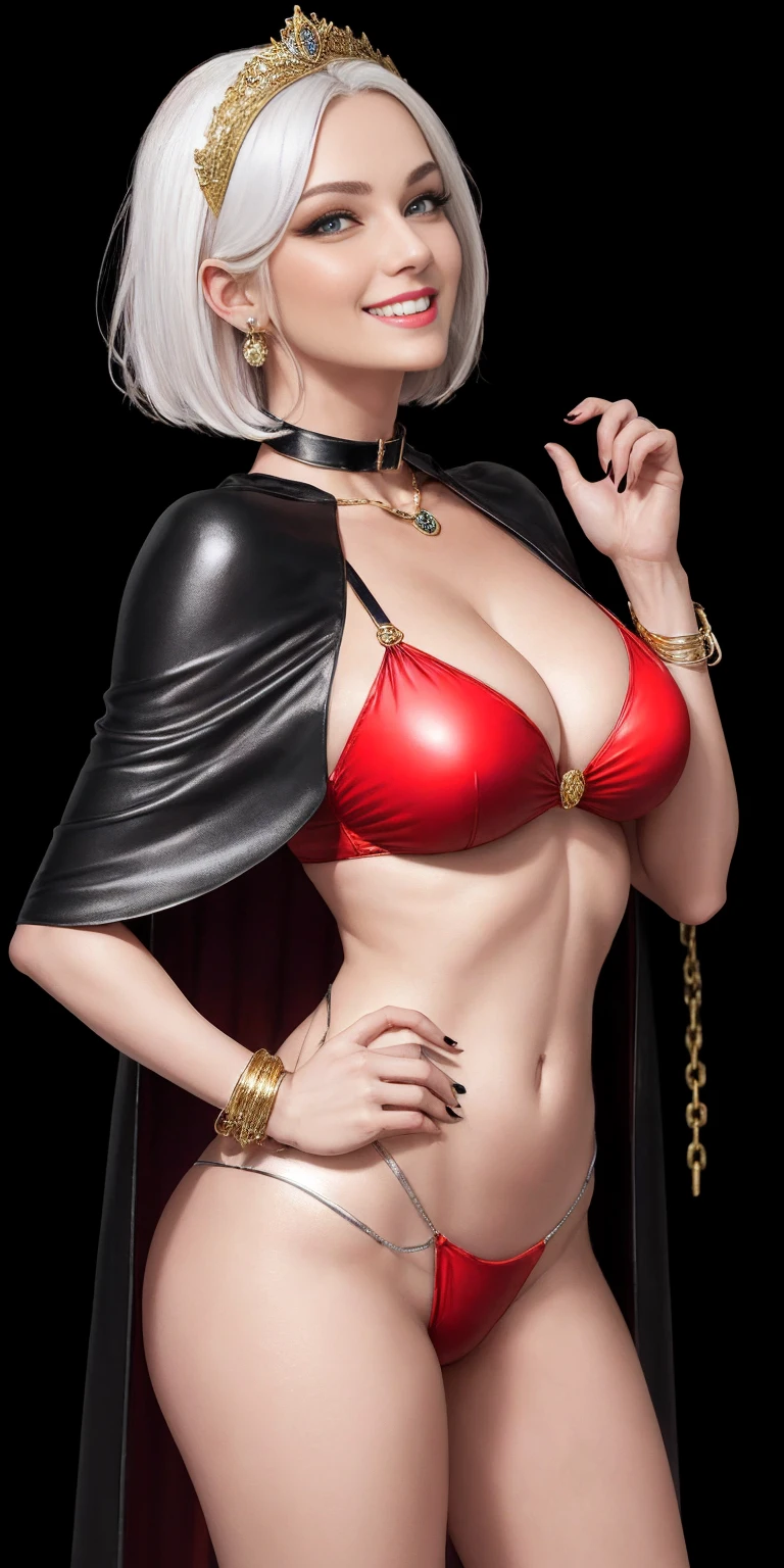 ((BLACK BACKGROUND,1:2, masterpiece)), full body MILF BIMBO standing with two long thighs and two high heels, red eyes, silver white hair, short bob style hair, big breasts, cleavage, separate sleeves, tiara royal, long cape up to two feet, yellow bikini, hands on waist, navel, lustful smirking smiling, smile face (red blushed, red cheeks), metal shoulders, gold sleeveless armbands, black leather choker slave collar, shackle bracelets, sex slave red crest
