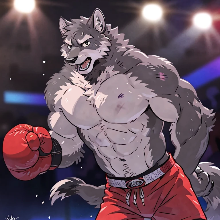 gray wolf, head (close-up):1.2,  4k, high resolution, best quality, posted on e621, solo, anthro body, male gray wolf, adult, masculine, (skinny, strong pectorals, defined muscles, muscular shoulders), correct anatomy, (boxing ring background, gym background), (blurry background, out-of-focus background:1.2), (by wfa:1.0), (by takemoto arashi:1.0), (by Taran Fiddler:0.5), sexy, (cel shaded, cartoony shading:1.2), black lineart, black outline, flat coloring, (strong shadows, dark shadows:1.2), (pink shorts, topless, boxing gloves), sexy shadows, lion tail, slim posture, open mouth, sticking out tongue, open:1 eyes, detailed eyes, tilted head, exhausted, wet sweat:1.2, (bruised:1.6, shiner:1.2)