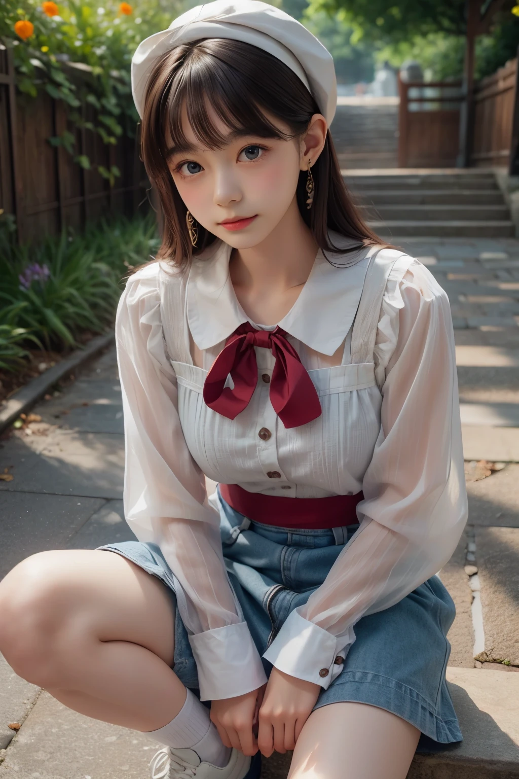 (Masterpiece, Best quality:1.4), (is sitting on a rock:1.3), (Erotic pose:1.4), Happy and bright smile, Thousands of miles of brocade, Chisato Nishiki, Short hair, bangs, Blonde hair, (Red eyes:1.5), Hair ribbon, one side up, Bob cut, BREAK shirt, Long sleeves, dress, ribbon, White shirt, Collared shirt, belt, Neck ribbon, Red dress, Blue ribbon, Pleated dress, grey dress, Two-tone dresses, Red belt, Lycoris Uniform, BREAK outdoors, Urban parks, view the viewer ,Look at the audience Look at the beautiful faces of the audience, Highly detailed face, highly details eye, Highly detailed skin, skin pore, Subsurface scattering, Realistic pupils, full face blush, full pouty lips, Detailed background, Depth of field, voluminetric lighting, Sharp focus, absurderes, Realistic proportions, Good anatomy, (Realistic, Hyperrealistic:1.4), 16K HD,