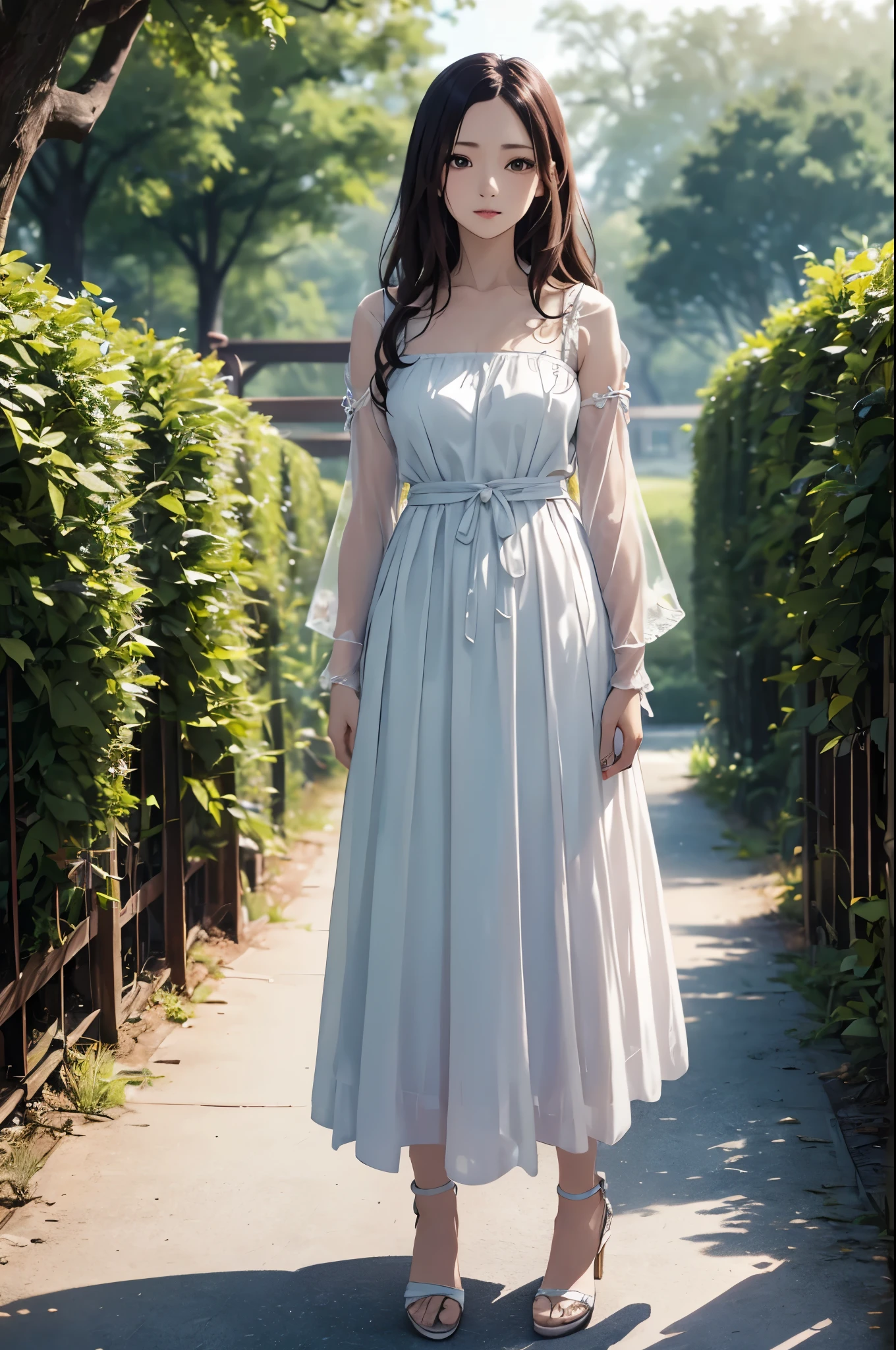 ((Biologically correct number of limbs))、(( Full body photo including face))、4K、((standing position))、masterpiece、((focus on the face))、((Symmetrical facial features))、Eyes with detailed description、Beautiful woman、outstanding style、beautiful arms、beautiful legs、beautiful hands、Detailed depiction of faces、(National costume)、The background is the park in the morning、look away、shy look、