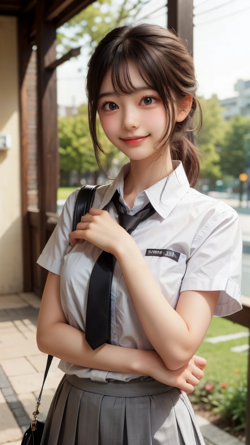 ((sfw: 1.4)), ((sfw, , collared shirts, white shirts, short sleeve, tie, short skirt, smiling face, at school, 1 girl)), ultra high resolution, (real: 1.4), RAW photo, highest quality, (photorealistic), focus ,Soft light,(()),((Japanese)),(((Young face))),(Surface),(Depth of field),Masterpiece,(Photoreal),Woman,Bangs,( (1 girl)