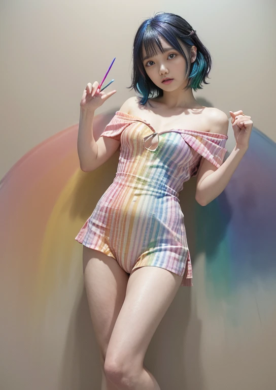 (pink fashion t-shirt:1.9)、pastel、(Colorful髪:1.8)、(all the colors of the rainbow:1.8)、((((Vertical painting:1.6)))、(painterly:1.6)、frontage、Big eyes、Transparent eyes、(虹色のGradationハイポニーテール:1.7)、exquisite makeup、closed your mouth、(small fresh:1.5)、(wipe chest:1.6)、long term、A teary-eyed man wearing a white off-the-shoulder T-shirt、(rainbow colored hair:1.6)、explosion of colors, messy lines, ((shine)), (Colorful), Chic paint style, (splash of color), Vertical painting, NSFW、 paintの飛沫, acrylic pigment, Gradation, Depth of the bounds written, facepaint, Colorful服, (elegant: 1.2), nice,hair length, Wind, (elegant: 1.3), (petal:1.4)、(((masterpiece)))、(((highest quality)))、((super detailed))、(dynamic angle)、((buoyant))、(paint)、((messy hair))、(solo)、((beautiful and detailed face))、My shoulder hurts、gray hair、((Colorful髪))、(((striped hair))、beautiful and fine eyes、(Gradationカラーの目)、((camel toe))、(Colorful背景))))、((((high color saturation))))、(((Colorful水しぶきに囲まれて)))