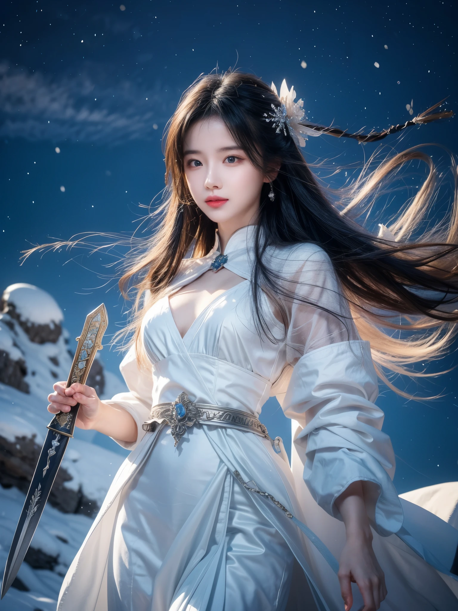 Snow mountain sword painting method, Ancient style woman&#39;s cold ice flame sword, Holding a sword burning with blue flames, Dancing with a sword in white clothes, long hair flowing in the snow, Beautiful woman holding a silver sword, Wear jade jewelry, Her face is full of confident smile, She is suspended in the clouds like a fairy, Behind her are layers of mountains  