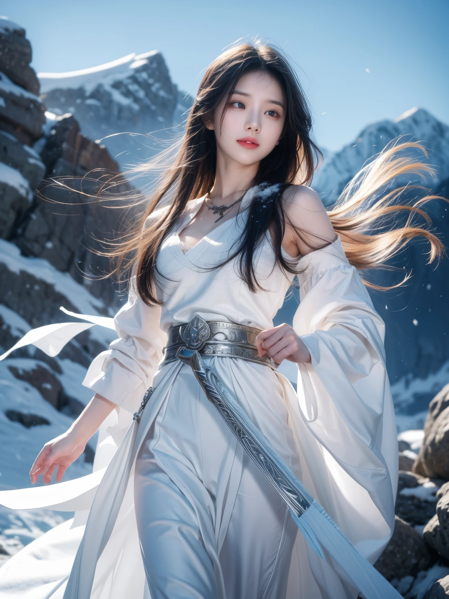 Snow mountain sword painting method, Ancient style woman's cold ice flame sword, Holding a sword burning with blue flames, Dancing with a sword in white clothes, long hair flowing in the snow, Beautiful woman holding a silver sword, Wear jade jewelry, Her face is full of confident smile, She is suspended in the clouds like a fairy, Behind her are layers of mountains
