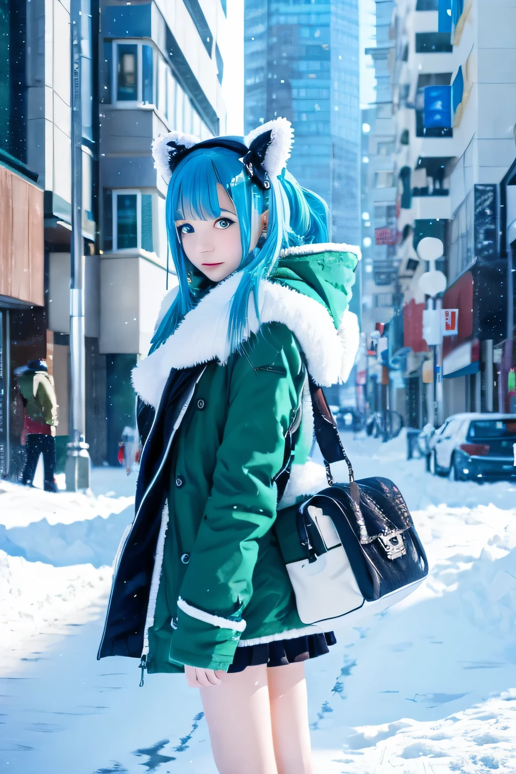highest quality,ultra high resolution,1 girl,alone,full body,snow,city,, blue hair,green eyes,jk,,anime