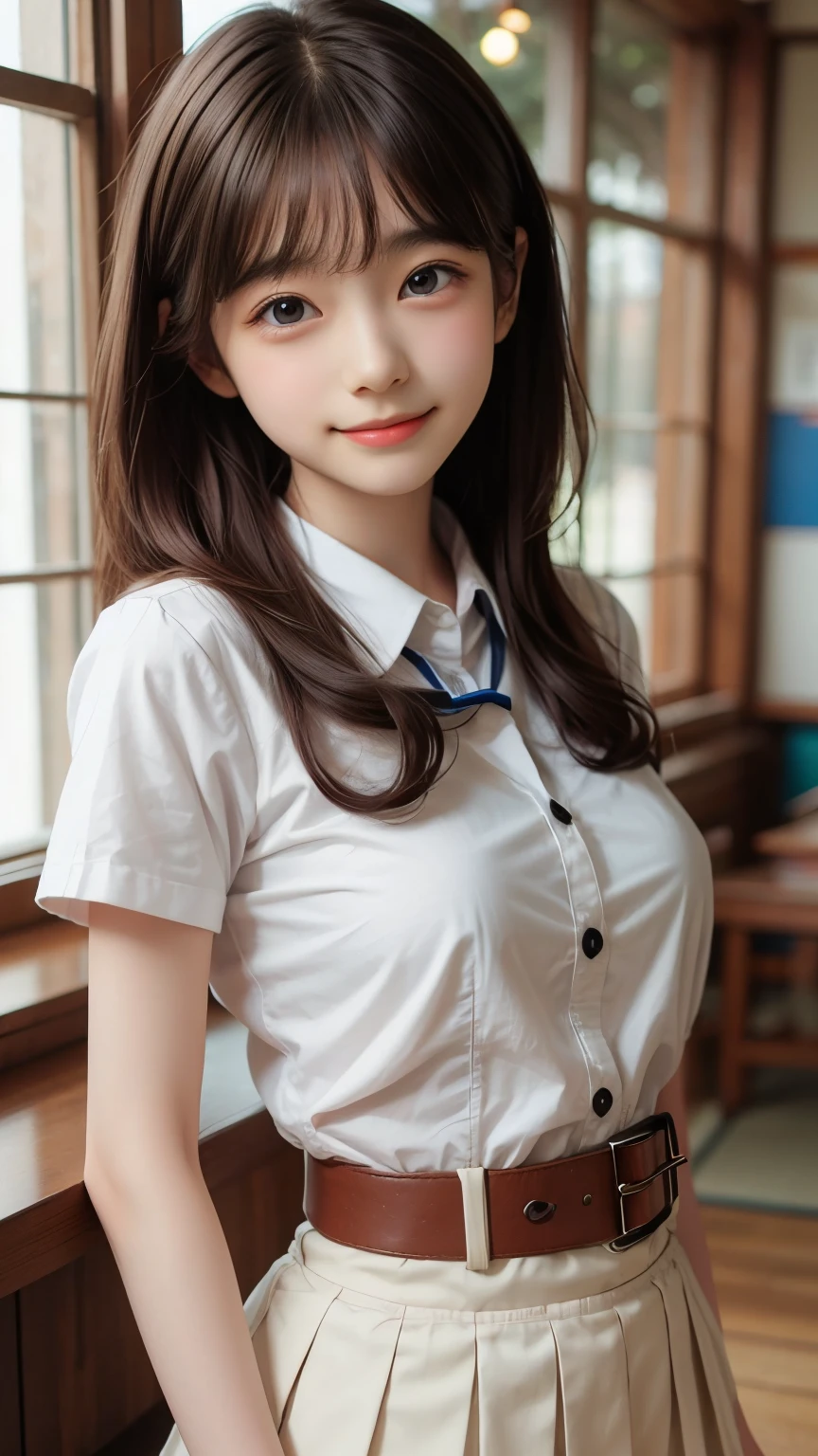 ((sfw: 1.4)), ((sfw, , collared shirts, white shirts, short sleeve, tie, short skirt, smiling face, at school, 1 girl)), ultra high resolution, (real: 1.4), RAW photo, highest quality, (photorealistic), focus ,Soft light,(()),((Japanese)),(((Young face))),(Surface),(Depth of field),Masterpiece,(Photoreal),Woman,Bangs,( (1 girl)