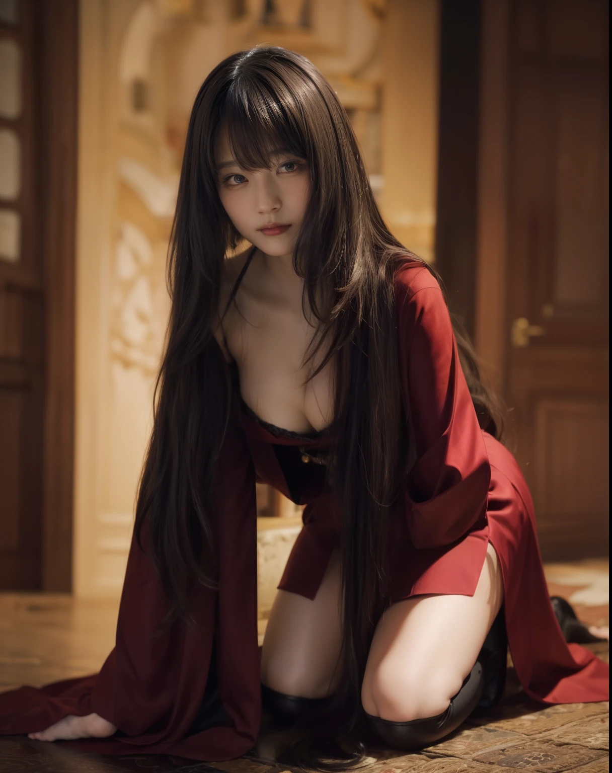 Gothic warrior queen wearing dark red kimono robe and midi skirt, satin, fur, (stockings), Decolletage, natural breasts, Backwards and on all fours, zettai ryouiki, medium length hair, Beautiful detailed golden eyes, portrait, most realistic, highest quality, best pixel, 8k ultra