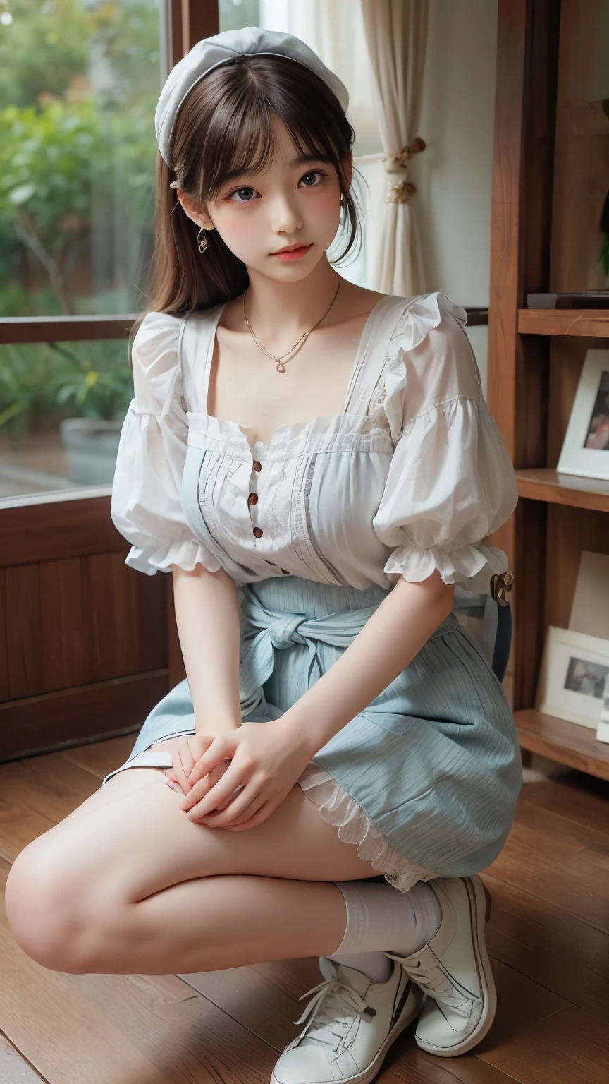 ((sfw: 1.4)), (sfw,She is wearing a long white embroidered skirt, a red blouse with lace, a white apron tied around her waist, blue socks, and brown leather shoes.A blue scarf is on her head. Yes, her accessories include necklaces, earrings, and bracelets. 1 Girl)), Ultra High Resolution, (Realistic: 1.4), RAW Photo, Best Quality, (Photorealistic Stick), Focus, Soft Light, ((15 years old)), ((Japanese)), (( (young face))), (surface), (depth of field), masterpiece, (realistic), woman, bangs, ((1 girl))