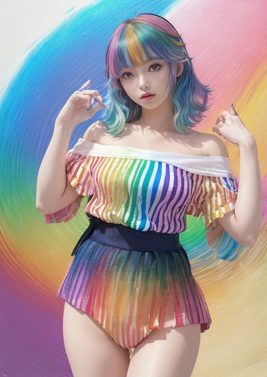 (pink fashion t-shirt:1.9)、pastel、(Colorful髪:1.8)、(all the colors of the rainbow:1.8)、((((Vertical painting:1.6)))、(painterly:1.6)、frontage、Big eyes、Transparent eyes、(虹色のGradationハイポニーテール:1.7)、exquisite makeup、closed your mouth、(small fresh:1.5)、(wipe chest:1.6)、long term、A teary-eyed man wearing a white off-the-shoulder T-shirt、(rainbow colored hair:1.6)、explosion of colors, messy lines, ((shine)), (Colorful), Chic paint style, (splash of color), Vertical painting, NSFW、 paintの飛沫, acrylic pigment, Gradation, Depth of the bounds written, facepaint, Colorful服, (elegant: 1.2), nice,hair length, Wind, (elegant: 1.3), (petal:1.4)、(((masterpiece)))、(((highest quality)))、((super detailed))、(dynamic angle)、((buoyant))、(paint)、((messy hair))、(solo)、((beautiful and detailed face))、My shoulder hurts、gray hair、((Colorful髪))、(((striped hair))、beautiful and fine eyes、(Gradationカラーの目)、((camel toe))、(Colorful背景))))、((((high color saturation))))、(((Colorful水しぶきに囲まれて)))