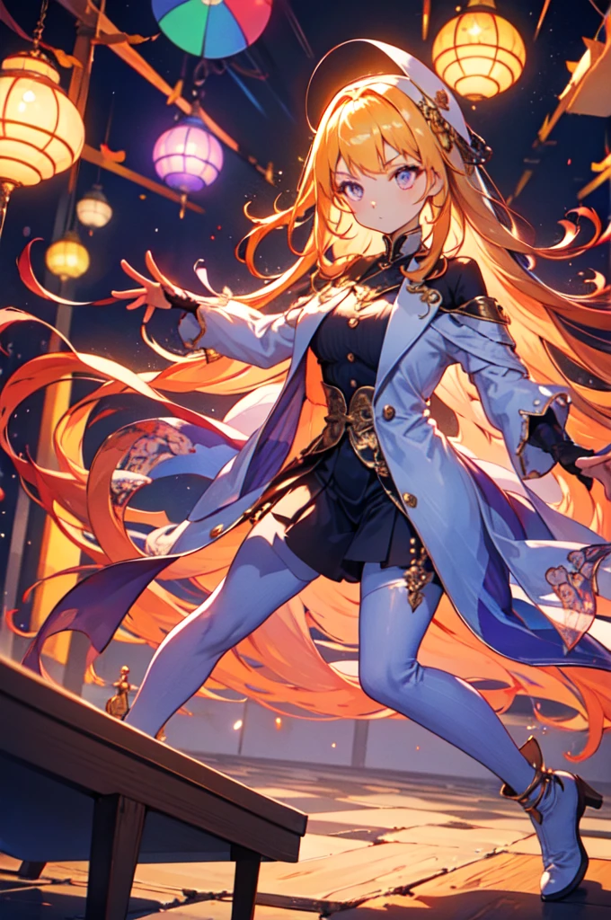 highest quality,((highest quality)),((table top)),((perfect face)),detailed５two-fingered hand,1 girl,(background blur), ((holographic)),1 girl,milky way, (stripes of light), impressive visuals, (dynamic streak, path of light:1.2), bright colors,full body,dynamic pose,golden hair,purple eyes