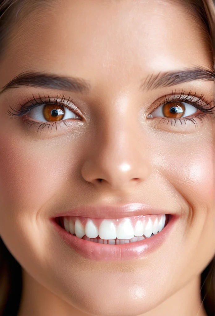 Macro of the face of a 25 year old girl, shiny brown hair, light brown eyes, radiant smile showing her beautiful teeth, soft and delicate light skin, joy is evident in her eyes, perfect composition, ultra sharp, very minimal details sharp and defined , 8k UHD super resolution, professional photography style, highlights the softness of your skin, highlights the freshness and brightness of your eyes, with a superman suit in the city, takes full body