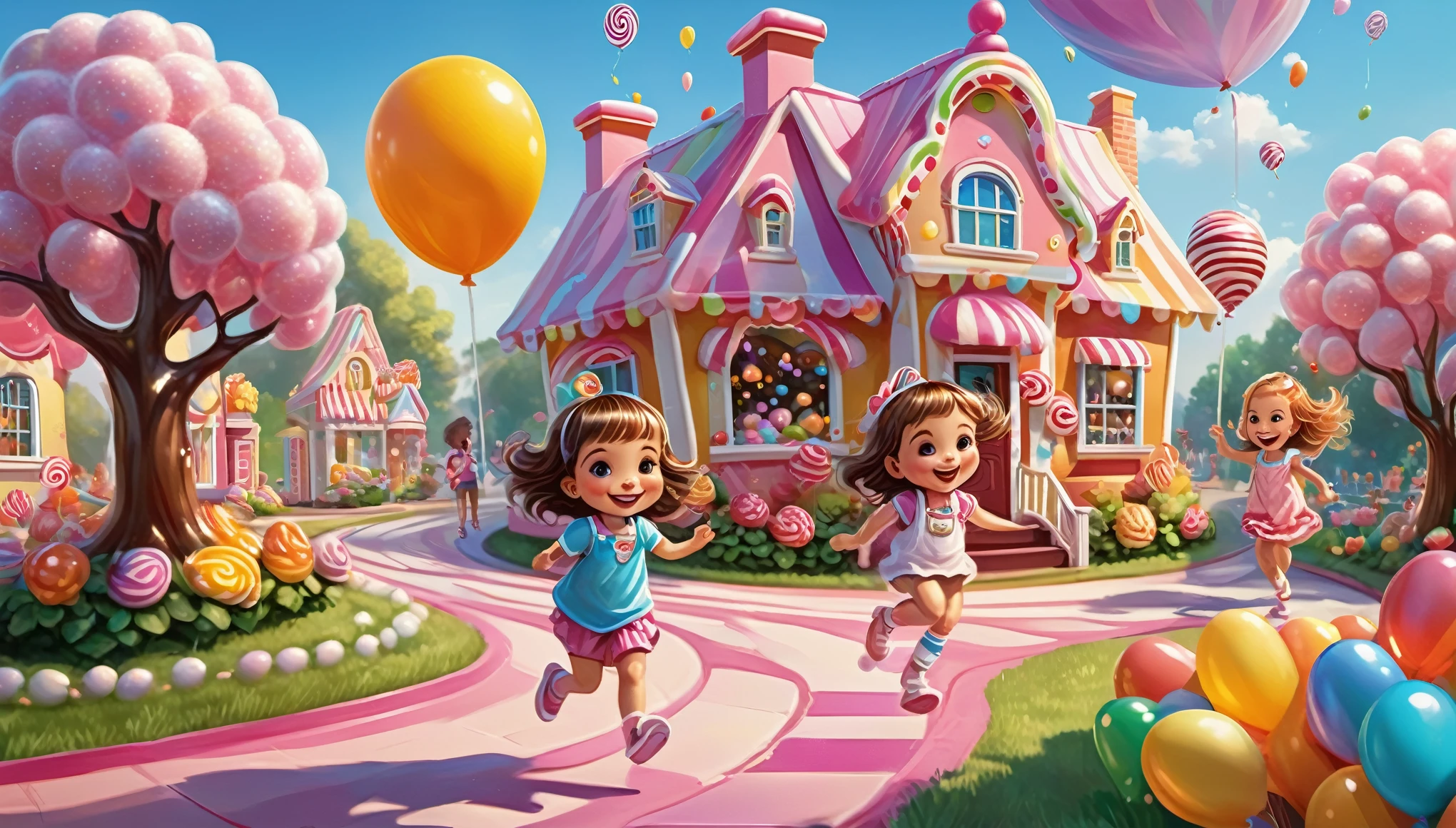 Children laughing and playing in a candy land with peanut brittle houses, gumdrop bushes, peppermint trees, and licorice animals. (best quality,4k,8k,highres,masterpiece:1.2), ultra-detailed, (realistic,photorealistic,photo-realistic:1.37), colorful, vivid, dream-like, whimsical, joyful, cheerful, playful, magical, sugary sweet, delightful scene, vibrant colors, sugar-coated, sugar rush, syrupy textures, candy-coated world, mouthwatering, sugary delight, sparkling candy, enchanting atmosphere, sweet aroma, enchanting, delightful, happy children, laughter, giggles, running, jumping, shouting, excitement, sparkling eyes, rosy cheeks, wide smiles, carefree, gleeful, high-energy, joyful playtime, endless fun, candy-filled paradise, sugary treats, lollipop flowers, chocolate rivers, cotton candy clouds, caramel paths, marshmallow clouds, sprinkles, confetti, colorful balloons, playful melodies, carnival atmosphere, chocolate-covered, candy cane lanes, gummy bear playground, icing-covered houses, sugary sculptures, tantalizing textures, childlike wonder, delightful surprises, magical moments, sugar-coated dreams, joyful memories, imaginative play, pure happiness.