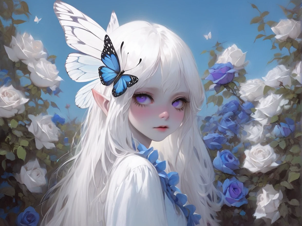 Albino butterfly girl standing, ((above the waist)), (big eyes, The eyes are tender and beautiful, beautiful and gentle face, full body detail), (Gorgeous long white hair:1.3) , Through the bushes of blue roses and the blue sky behind them., purple dress, Braces, chewing gum , wink ,(Butterfly wings are long and complex.:1.2) Sneakers with socks,