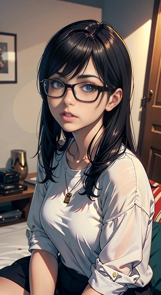 Anime girl with glasses sitting on the bed in the room, Ilya Kubshinov with long hair, Realistic anime 3d style, realistic anime art style, realistic anime art style, Digital art Ilya Kubshinov, beautiful anime portrait, realistic young anime girl, Ilya Kubshinov style, anime realism style, portrait anime girl,shiny silver,Mole under left eye,Cute freckles on the cheeks,((beautiful skin)),((skin texture)),((Real Touch)),