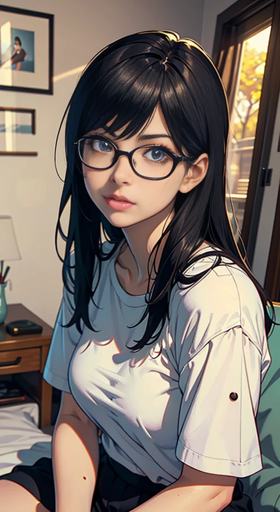 Anime girl with glasses sitting on the bed in the room, Ilya Kubshinov with long hair, Realistic anime 3d style, realistic anime art style, realistic anime art style, Digital art Ilya Kubshinov, beautiful anime portrait, realistic young anime girl, Ilya Kubshinov style, anime realism style, portrait anime girl,shiny silver,Mole under left eye,Cute freckles on the cheeks,((beautiful skin)),((skin texture)),((Real Touch)),