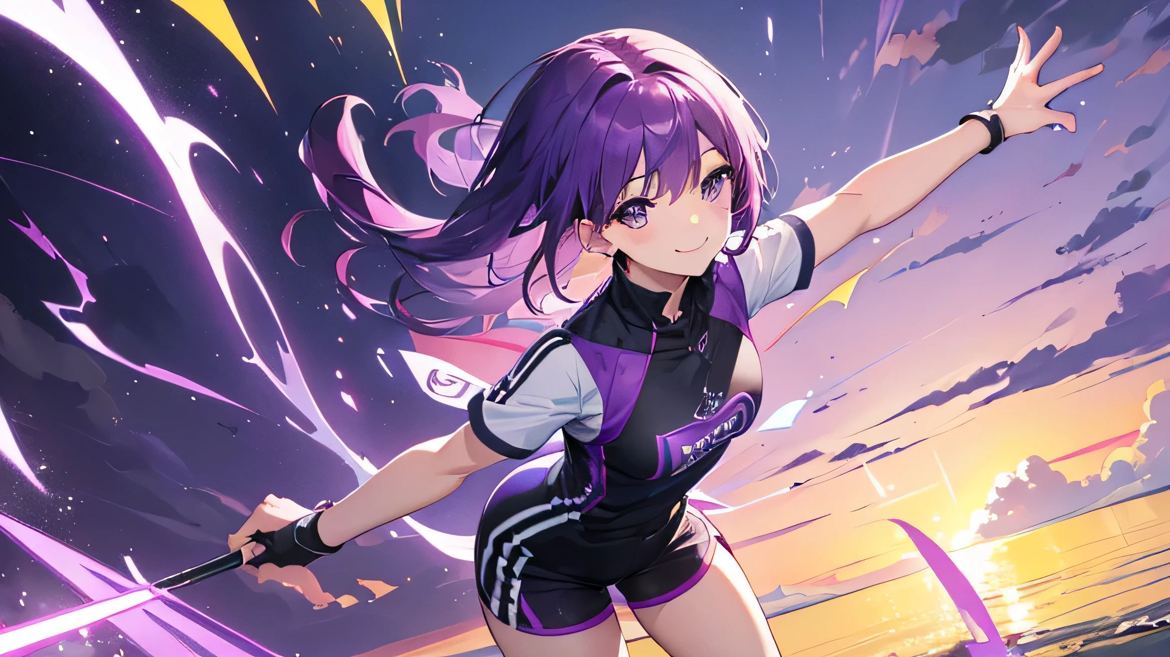 (T Masterpiece,4k wallpaper,best quality))、((girl1people))、(solo)、Shining and vivid,(purple hair)、(shortcut:1.3)、smile、athletic