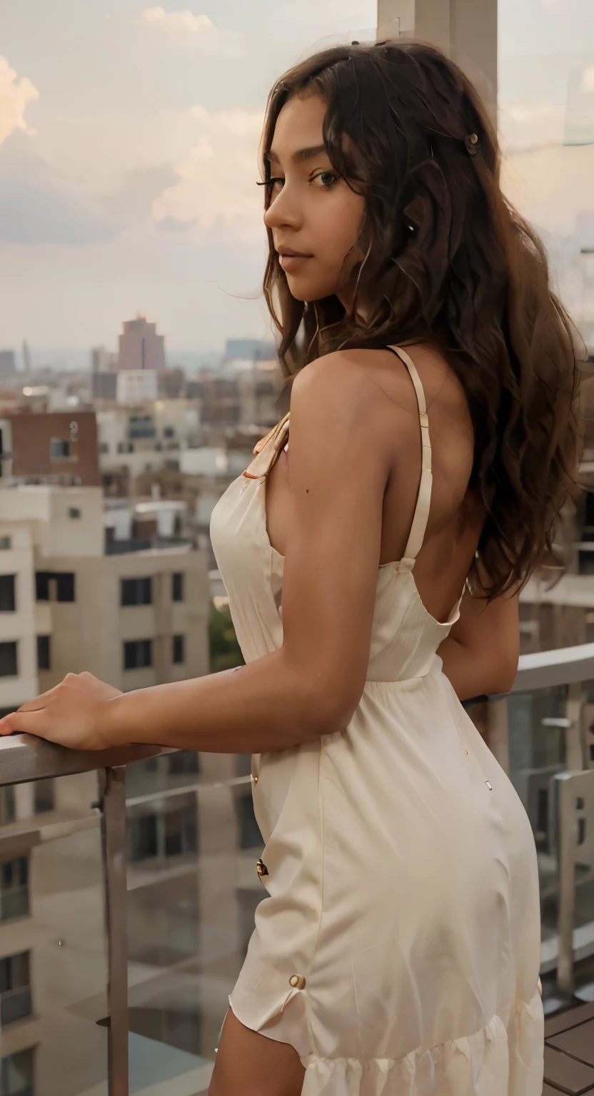 A breathtaking cityscape view with the sun setting in the distance, casting a warm golden glow over the urban skyline. In the foreground, Maya stands on a rooftop terrace, wearing a flowy maxi dress in soft pastel hues that flutter in the gentle evening breeze. Her hair cascades down in loose waves as she looks out at the cityscape, capturing the magic of the moment.