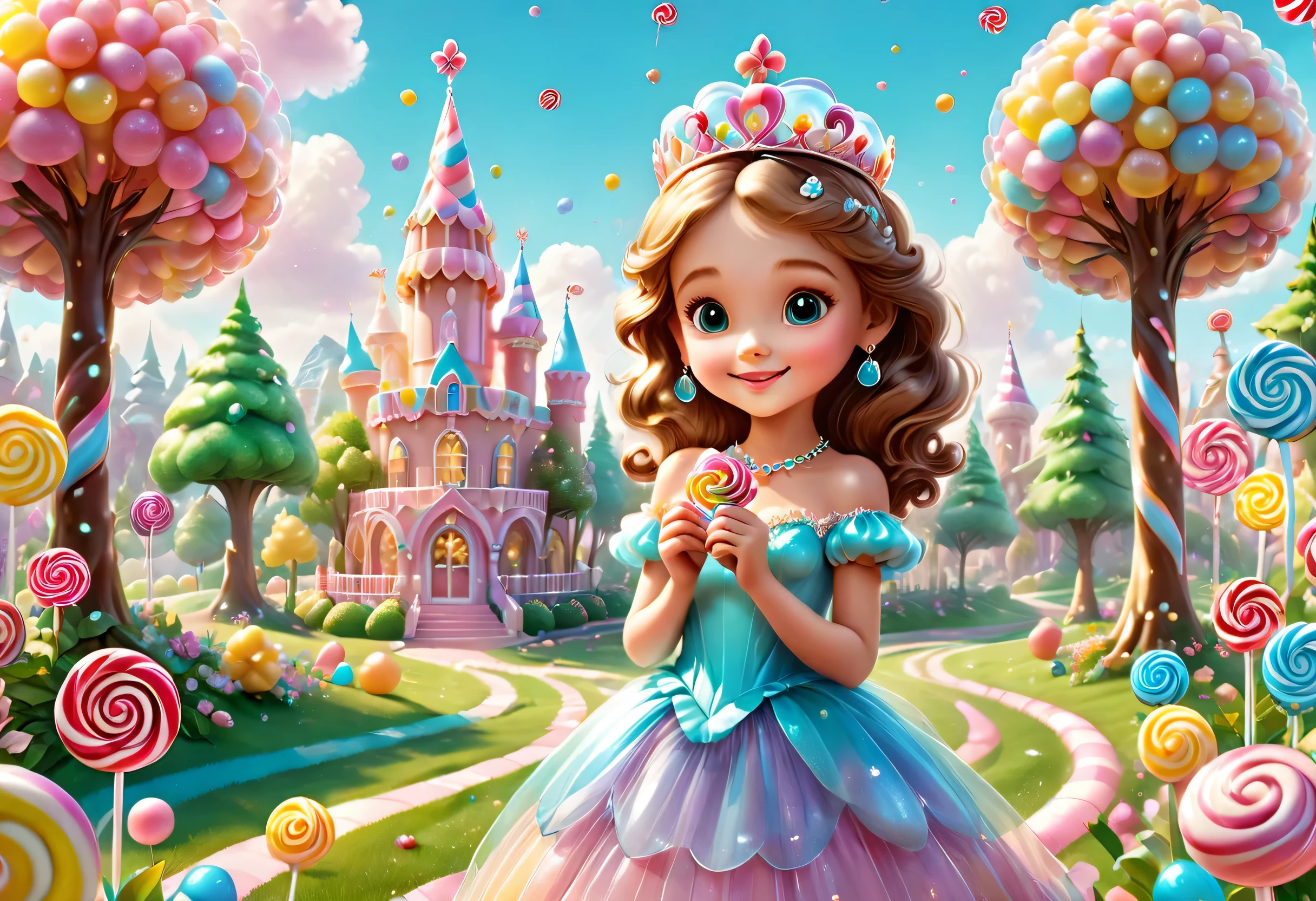 Draw the imaginary kingdom of Candyland,A girl wearing a pop-patterned dress like a candy wrapper will give you candy as a gift.,A tiara made of translucent candy:Attach colorful jewel-like candies,A flower with petals made of translucent candy,fancy,cute,Candy-bearing tree,pastel colour,Gentle colors,Children&#39;s happy poster,Children&#39;s movie posters,masterpiece,best masterpiece,highest quality,intricate details,Careful to every detail,Lovely,Lovely,anatomically correct,Structurally correct,best composition,perfect composition,High quality