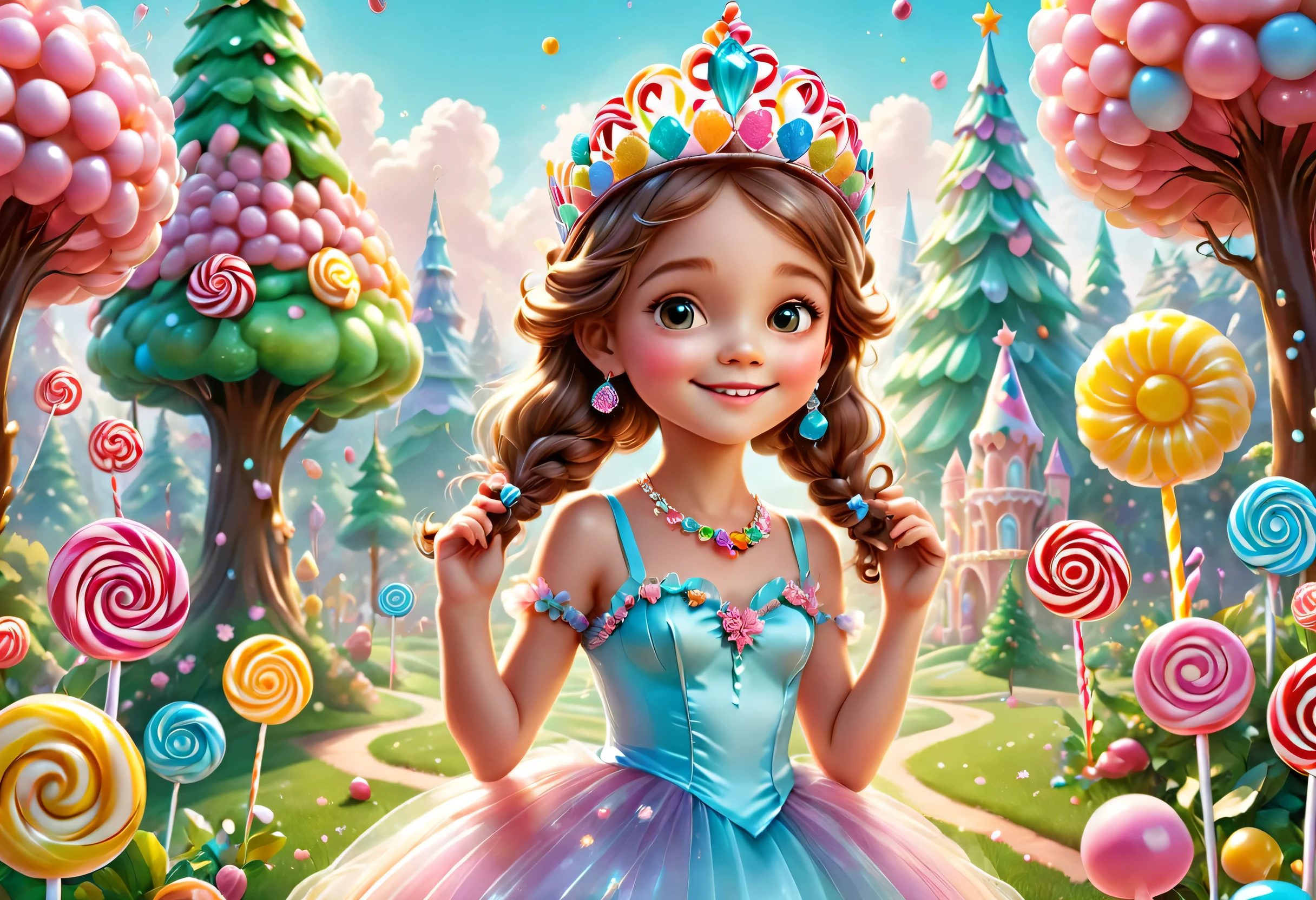 Draw the imaginary kingdom of Candyland,A girl wearing a pop-patterned dress like a candy wrapper will give you candy as a gift.,A tiara made of translucent candy:Attach colorful jewel-like candies,A flower with petals made of translucent candy,fancy,cute,Candy-bearing tree,pastel colour,Gentle colors,Children&#39;s happy poster,Children&#39;s movie posters,masterpiece,best masterpiece,highest quality,intricate details,Careful to every detail,Lovely,Lovely,anatomically correct,Structurally correct,best composition,perfect composition,High quality