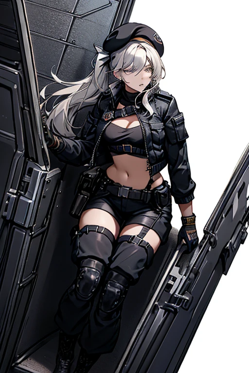  19 years old, (milf:0.8), (solo:1.5), (sfw:1.25), sexy breast, beautiful breasts, (medium tits:0.8), thin waist, big ass:1.0, Raised sexy, (black beret,black military jacket, open clothes, cleavage, midriff, black shorts, black thighhighs, thigh strap, fingerless gloves, single glove:1.2), blue eyes, light smile, big , Revimpling fabric, earrings, Hand gloves, detailed face,(hold a cigarette:1.1),long hair,side ponytail,hair between eyes,bangs,detailed and beautiful eyes,beautiful detailed lips,Rolling her eyes,manner,hair over one eye, (ultra high resolution, 8K RAW photo, photo realistics, thin outline:1.3, clear focus), best qualtiy, natural lighting, textile shading, field depth, (Bright pupils, fine detailed beautiful eyes with highlight:1.3, high detailed face), Red lip, fine realistic skins:1.1, looking down viewers:1.3, (dynamic angle:1.3, front view:1.1, breast focus:1.3, from above:1.2), (dynamic posing:1.5, sexy posing:1.2),Youghal, side lock, hair ornaments,nice,garden background,artistic rendering,Super detailed,(highest quality,4k,8K,High resolution,masterpiece:1.2),Bright colors,studio lighting ,at military base in usa
