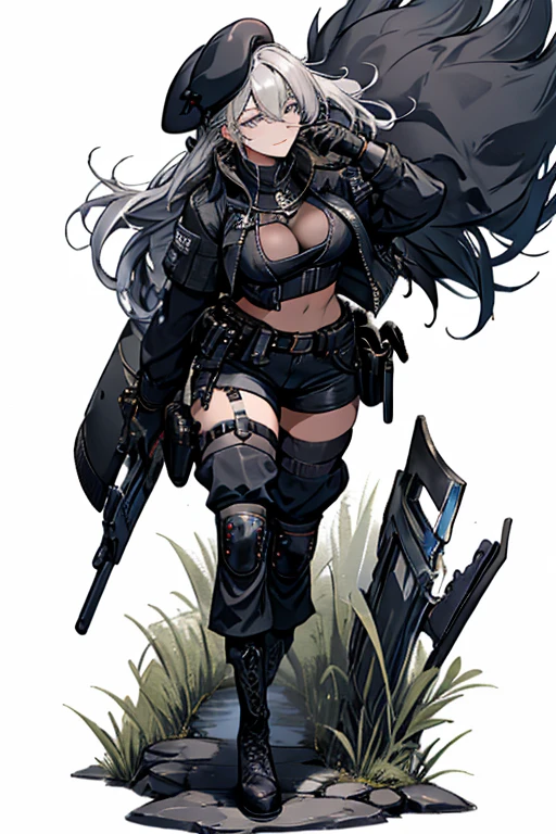 19 years old, (milf:0.8), (solo:1.5), (sfw:1.25), sexy breast, beautiful breasts, (medium tits:0.8), thin waist, big ass:1.0, Raised sexy, (black beret,black military jacket, open clothes, cleavage, midriff, black shorts, black thighhighs, thigh strap, fingerless gloves, single glove:1.2), blue eyes, light smile, big , Revimpling fabric, earrings, Hand gloves, detailed face,(hold a cigarette:1.1),long hair,side ponytail,hair between eyes,bangs,detailed and beautiful eyes,beautiful detailed lips,Rolling her eyes,manner,hair over one eye, (ultra high resolution, 8K RAW photo, photo realistics, thin outline:1.3, clear focus), best qualtiy, natural lighting, textile shading, field depth, (Bright pupils, fine detailed beautiful eyes with highlight:1.3, high detailed face), Red lip, fine realistic skins:1.1, looking down viewers:1.3, (dynamic angle:1.3, front view:1.1, breast focus:1.3, from above:1.2), (dynamic posing:1.5, sexy posing:1.2),Youghal, side lock, hair ornaments,nice,garden background,artistic rendering,Super detailed,(highest quality,4k,8K,High resolution,masterpiece:1.2),Bright colors,studio lighting ,at military base in usa