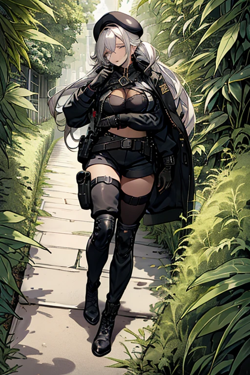 19 years old, (milf:0.8), (solo:1.5), (sfw:1.25), sexy breast, beautiful breasts, (medium tits:0.8), thin waist, big ass:1.0, Raised sexy, (black beret,black military jacket, open clothes, cleavage, midriff, black shorts, black thighhighs, thigh strap, fingerless gloves, single glove:1.2), blue eyes, light smile, big , Revimpling fabric, earrings, Hand gloves, detailed face,(hold a cigarette:1.1),long hair,side ponytail,hair between eyes,bangs,detailed and beautiful eyes,beautiful detailed lips,Rolling her eyes,manner,hair over one eye, (ultra high resolution, 8K RAW photo, photo realistics, thin outline:1.3, clear focus), best qualtiy, natural lighting, textile shading, field depth, (Bright pupils, fine detailed beautiful eyes with highlight:1.3, high detailed face), Red lip, fine realistic skins:1.1, looking down viewers:1.3, (dynamic angle:1.3, front view:1.1, breast focus:1.3, from above:1.2), (dynamic posing:1.5, sexy posing:1.2),Youghal, side lock, hair ornaments,nice,garden background,artistic rendering,Super detailed,(highest quality,4k,8K,High resolution,masterpiece:1.2),Bright colors,studio lighting ,at military base in usa