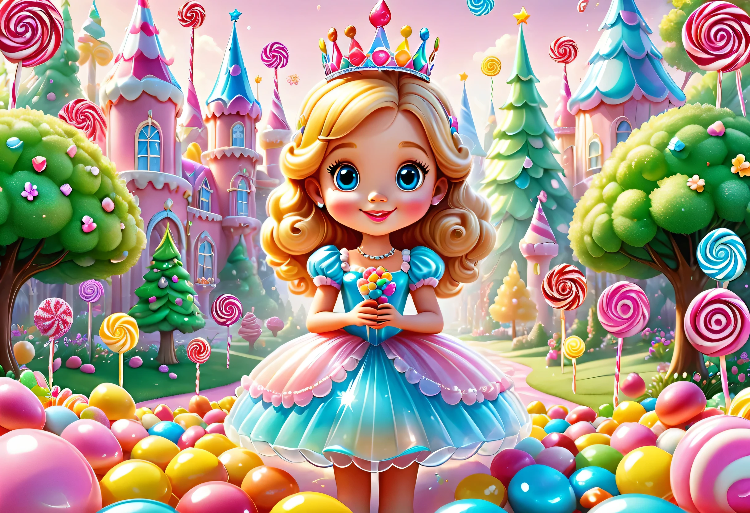 Draw the imaginary kingdom of Candyland,A girl wearing a pop-patterned dress like a candy wrapper will give you candy as a gift.,A tiara made of translucent candy:Attach colorful jewel-like candies,A flower with petals made of translucent candy,fancy,cute,Candy-bearing tree,pastel colour,Gentle colors,Children&#39;s happy poster,Children&#39;s movie posters,masterpiece,best masterpiece,highest quality,intricate details,Careful to every detail,Lovely,Lovely,anatomically correct,Structurally correct,best composition,perfect composition,High quality