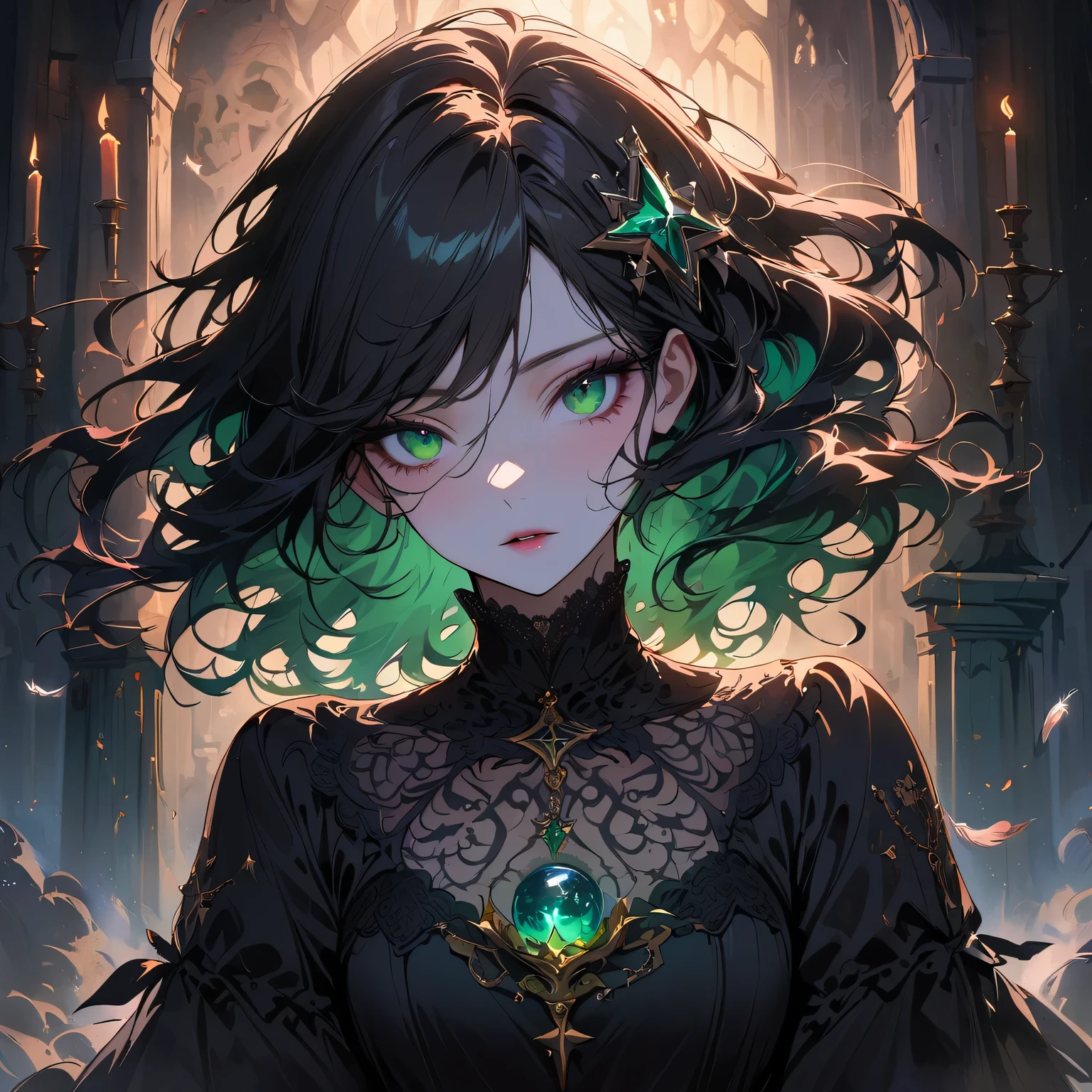 (best quality,4K,Super detailed,actual:1.2),Mysterious girl,gothic portrait,(plunder),intense gaze,pale skin,Long black hair fluttering in the wind,Dark and creepy atmosphere,Tarot card pattern,Fortune teller&#39;s table,crystal ball,Candles flickering in the dim light,Skull and five-pointed star decoration,occult symbols,Girl covered in mist,dramatic lighting,emerald green eyes,Sharp gaze,The strange tattoo on her arm,black lace dress,Gorgeous jewelry,Feathers and beads in hair,Cemetery setting,Moonlight night,ominous clouds,Weird atmosphere,plunder feathers scattered on the ground,unforgettably beautiful.