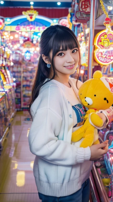 (8K, highest quality, masterpiece, ultra high resolution, Super detailed:1.2) , cute japanese girl photo,(Mikey'ear:1.2),,Smile and smile,
, (18-year-old:1.1), japanese idol,In the arcade,(((An aisle with crane games on both sides))),The main attraction is the stuffed animal crane game.,UFO catcher,Glittering neon lights,Gashapon