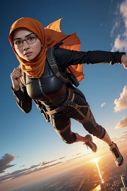 woman, wearing hijab, Indonesian, wearing glasses, 30 years old, jumping from a plane (like the PUBG game), picture taken from the front, orange twilight sky with thin clouds, fish eyes