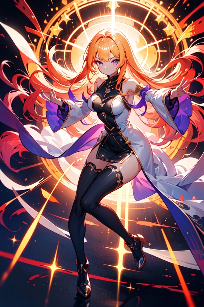 highest quality,((highest quality)),((table top)),((perfect face)),detailed5two-fingered hand,1 girl,(background blur), ((holographic)),1 girl,milky way, (stripes of light), impressive visuals, (dynamic streak, path of light:1.2), bright colors,full body,dynamic pose,golden hair,purple eyes