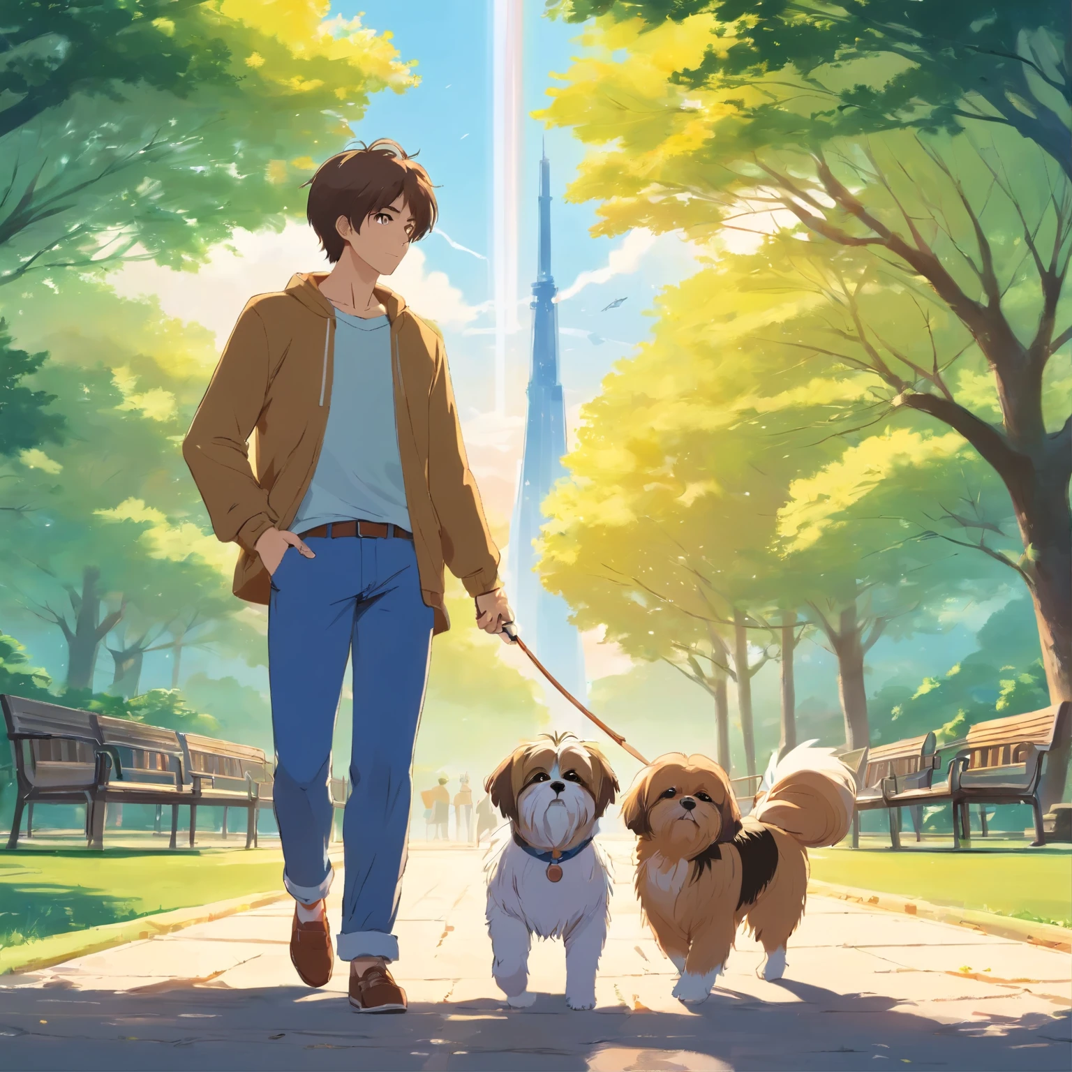 Tutor man and his Shih Tzu together in the park