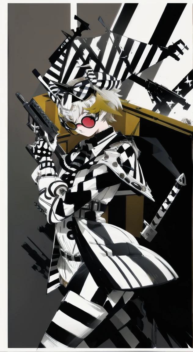 1 girl, reference box, a gun, weapon, One, holding, striped, glasses on head