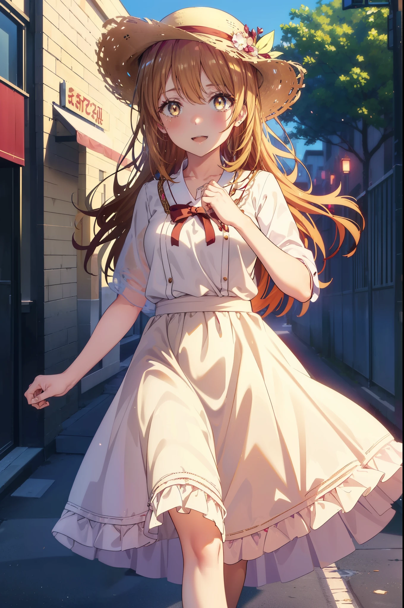 irohaisshiki, Isshiki Iroha, long hair, light brown hair, (Brown ruby eyes:1.5), White long skirt integrated dress,Cute Sandals,straw hat,happy smile, smile, open your mouth,daytime,Clear skies,
break outdoors ,building street,In town,
break looking at viewer,(cowboy shot:1. 1)
break (masterpiece:1.2), highest quality, High resolution, unity 8k wallpaper, (shape:0.8), (beautiful and detailed eyes:1.6), highly detailed face, perfect lighting, Very detailed CG, (perfect hands, perfect anatomy),