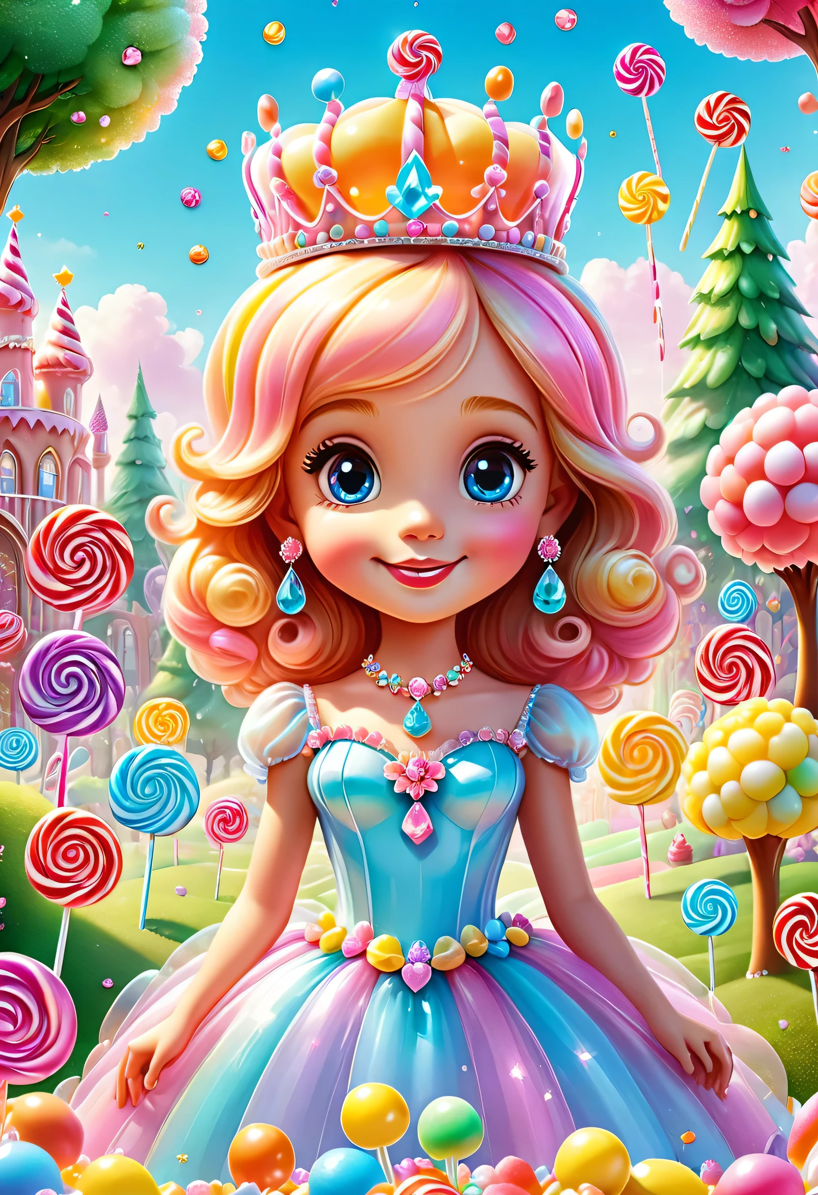 Draw the imaginary kingdom of Candyland,A girl wearing a pop-patterned dress like a candy wrapper will give you candy as a gift.,A tiara made of translucent candy:Attach colorful jewel-like candies,A flower with petals made of translucent candy,fancy,cute,Candy-bearing tree,pastel colour,Gentle colors,Children&#39;s happy poster,Children&#39;s movie posters,masterpiece,best masterpiece,highest quality,intricate details,Careful to every detail,Lovely,Lovely,anatomically correct,Structurally correct,best composition,perfect composition,High quality